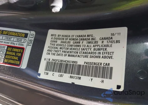 2012 Honda Civic Lx из США, поврежденный, VIN 2HGFG3B54CH514905